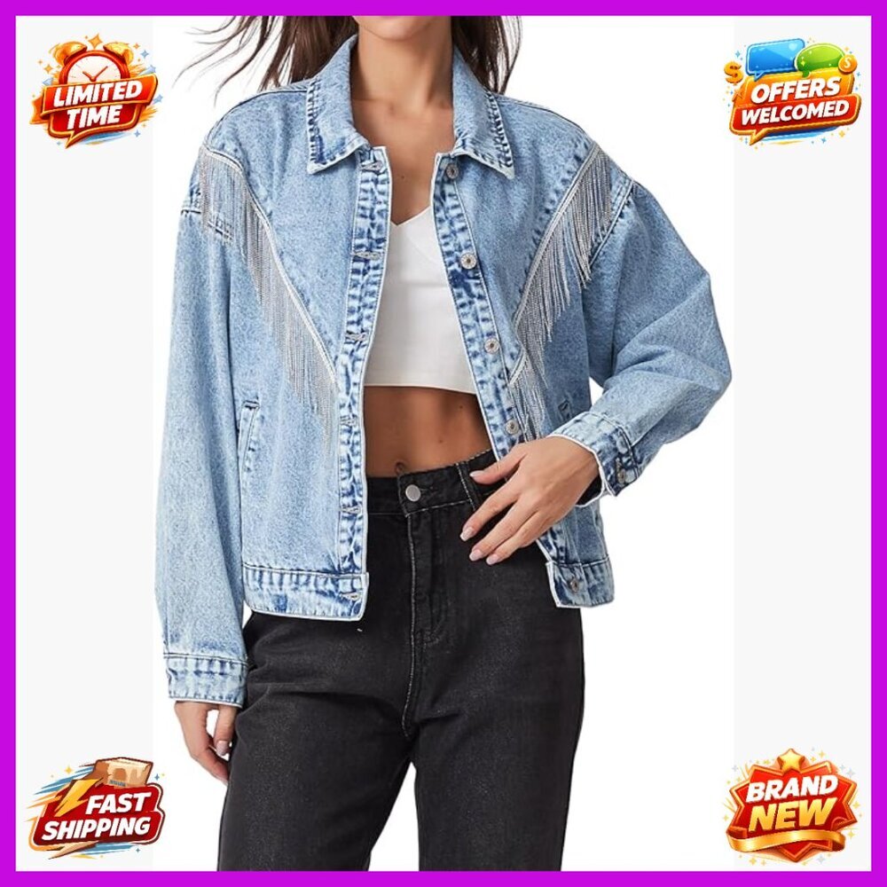 Oversized Denim Jacket with Fringe Tassels Metallic Sparkle Western Style